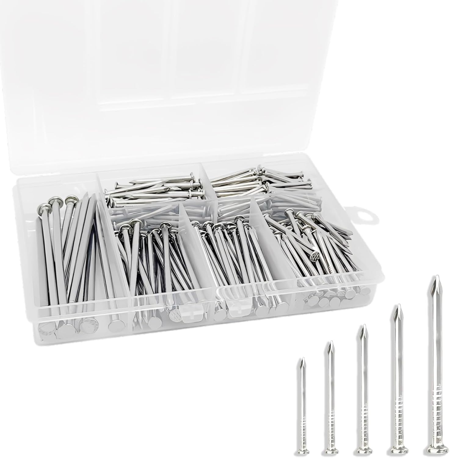 Nails for Hanging Pictures, 350 Pcs Finishing Nails Assortment Kit, 5 Sizes Small Nails for Picture Hanging 20mm-50mm, Steel Nails with Storage Box, Wall Hanging Kit for Art & Wood Projects