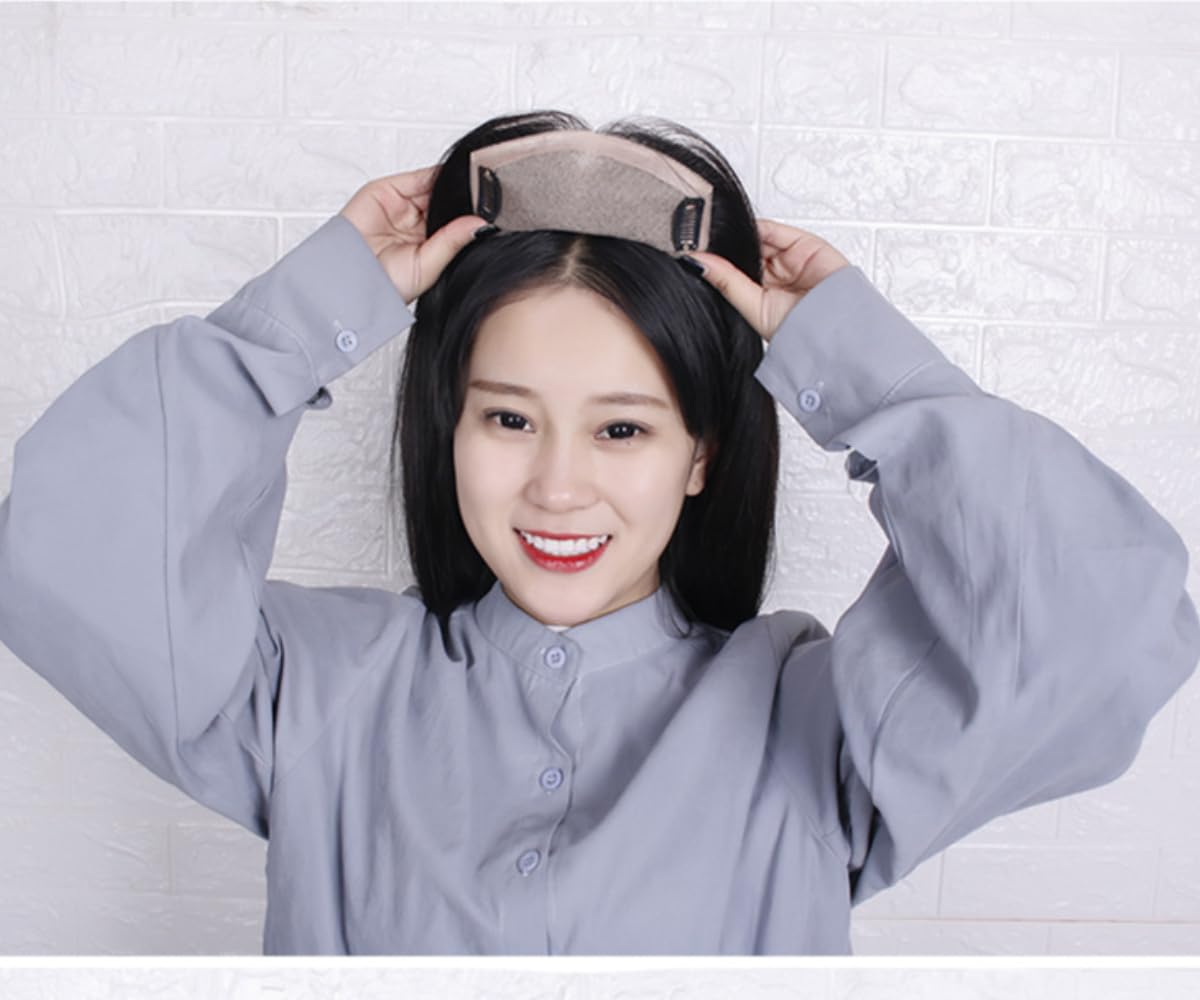 Double Neddles Human Hair Invisible Clip in Hairpiece Straight Toupee or Topper Wiglet Top with Middle Part Bangs Thin Hair Natural Black (Natural black,5 * 8 20cm)