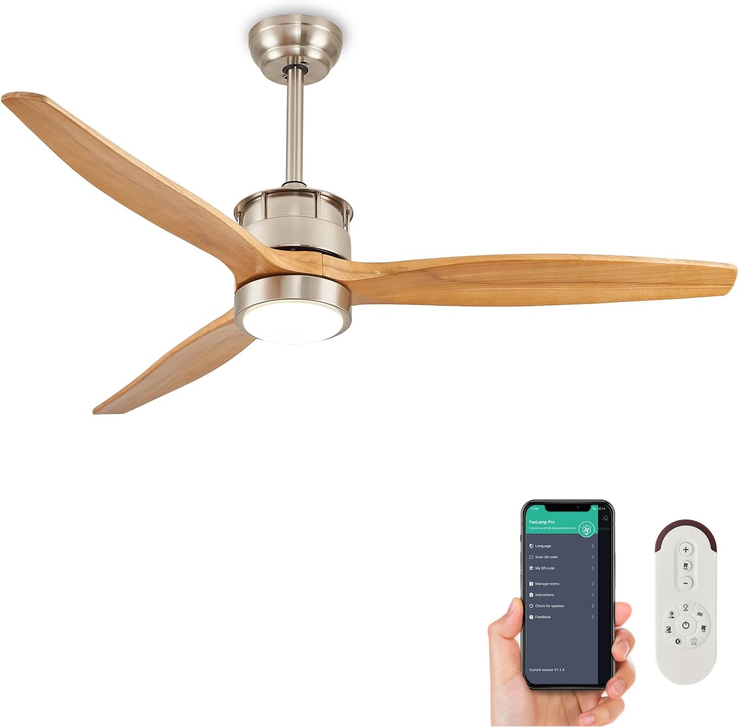 52 Inch Solid Wood Ceiling Fans with Lights Remote Control, Quiet DC Motor 3 Blade Dimmable Modern Indoor Outdoor Ceiling Fan for Living Room,Bedroom,Farmhouse,Office(Nickel+Solid Light Wood) Nickel+Solid Light Wood 52 inch