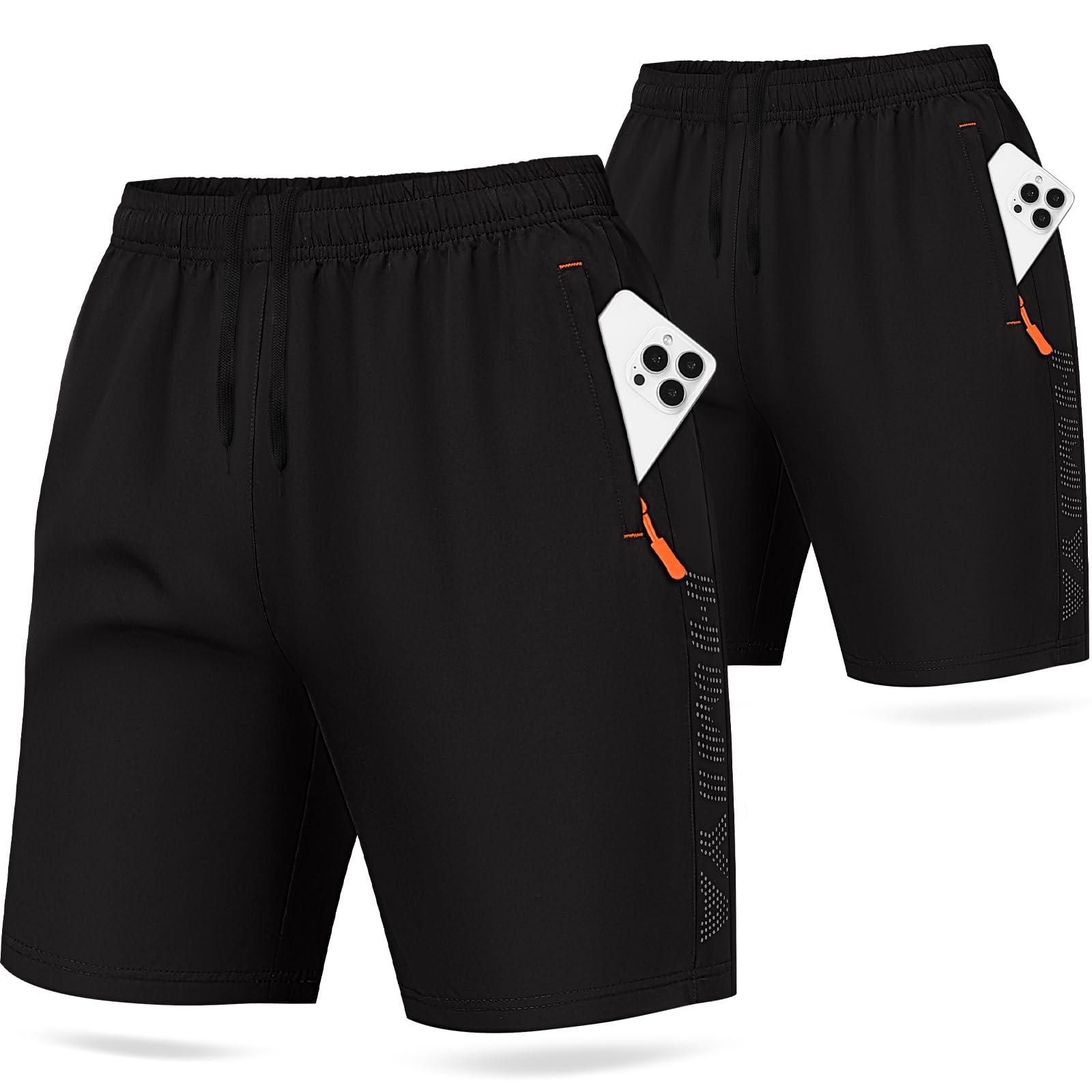 HMIYA 2er Pack Sporthose Herren Kurz Sport Shorts Sommer Laufhose Trainingshose mit Reißverschlusstasch