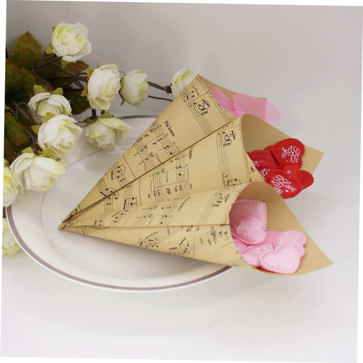 PLAFOPE 100pcs Diy Kraft Paper Cones for Bouquets and Gifts Retro Music Note Design for Weddings Parties and Special Occasions