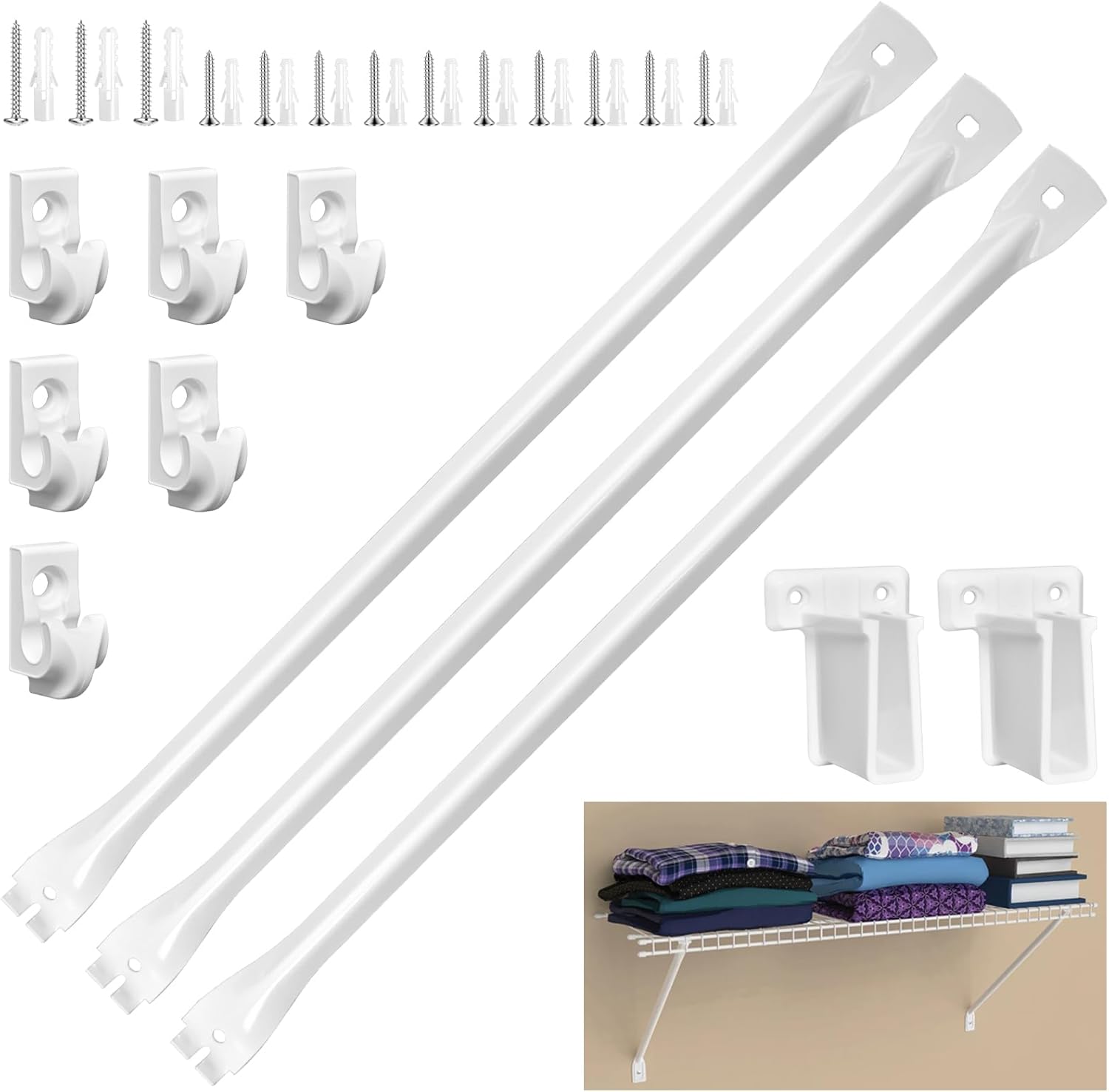 12 Inch Heavy Duty Shelf Brackets, Wire Shelf Brackets Set Include 3 Support Brackets, 2 Wire Shelf End Brackets, 6 Wall Clips, with Screws, Wire Shelving Accessories for Garage, RV, Kitchen, Closet