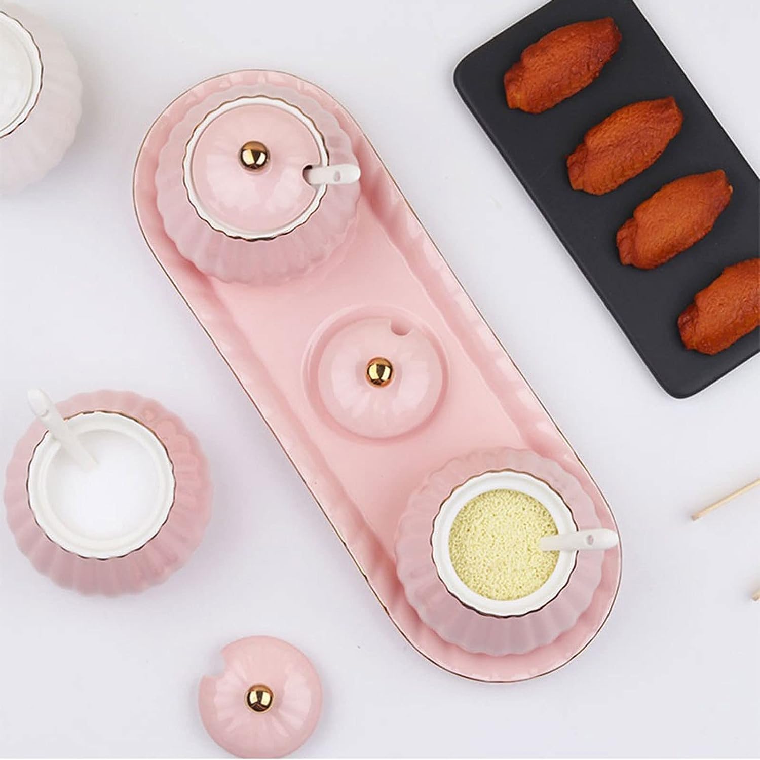 Salero Y Azucarero Cocina Juego De Tarros Especias Cerámica Con Tapa, Cuchara Y Bandeja, Para Condimentos, Caja Para Almacenamiento En El Hogar, Para Sal, Cocina Caja De Almacenamiento(Pink)
