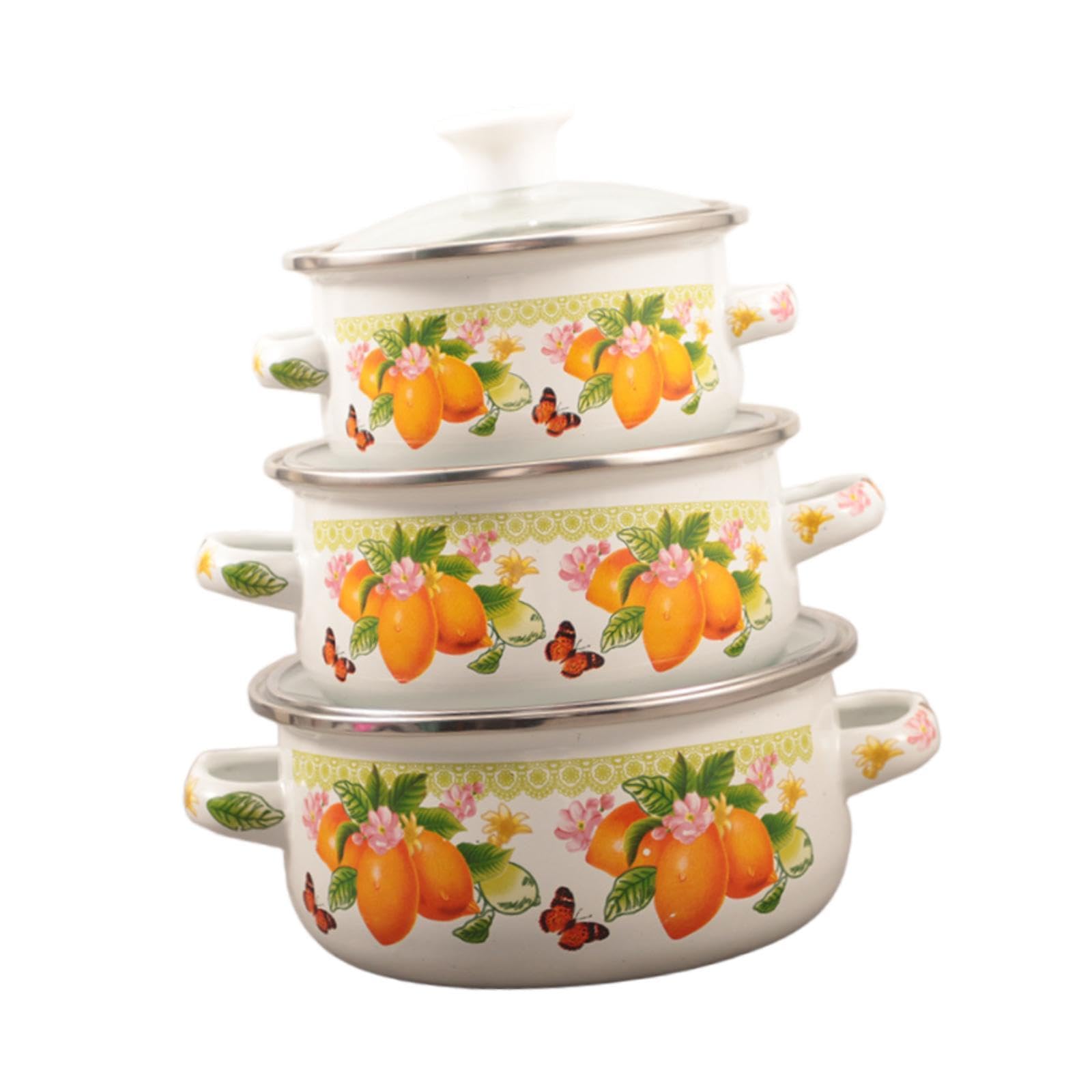 3 Pentole Smaltate con Coperchio, Pentole per Zuppa a Doppio Manico, Smaltate per Ristoranti, Sale Da Pranzo E Cucine, Limone