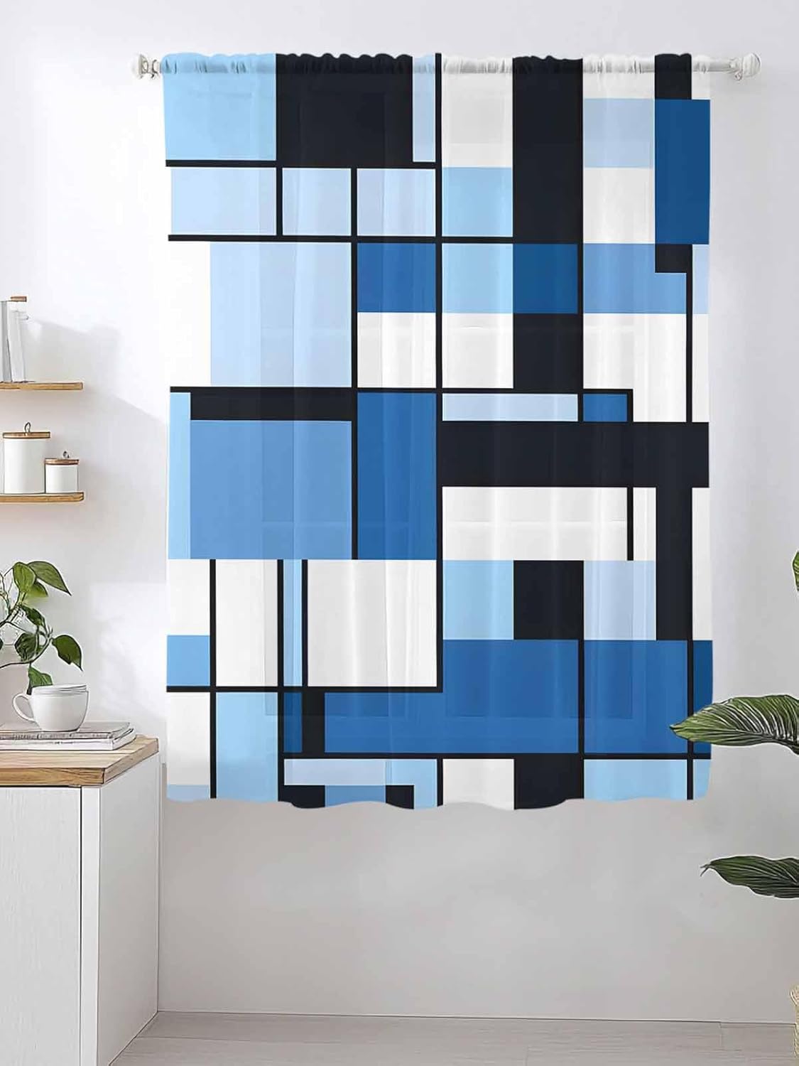 Blue Black Abstract Art Geometric Sheer Chiffon Curtain Modern Minimalist Voile Window Drape for Bedroom 63 Inch Long,Single Panel Semi-Sheer Light Filtering Window Treatment for Living Room, Nursery
