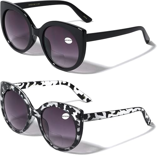 V.W.E. 2 pares de lentes de sol bifocales de lectura de gran tamaño para mujer, lentes de lectura degradadas, lentes tintadas vintage, redondas, ojo
