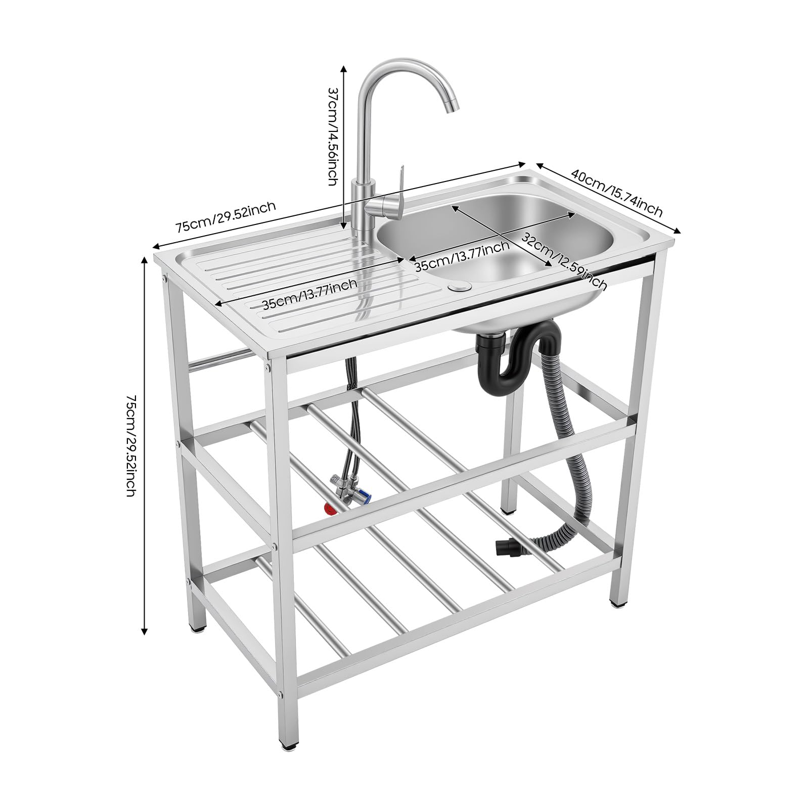 Fregadero de cocina independiente para exteriores, fregadero de acero inoxidable, grifo de lavabo, encimera multifuncional, fregadero, fregadero de agua para cocinas, cafés y bares (75 x 40 x 78 cm)