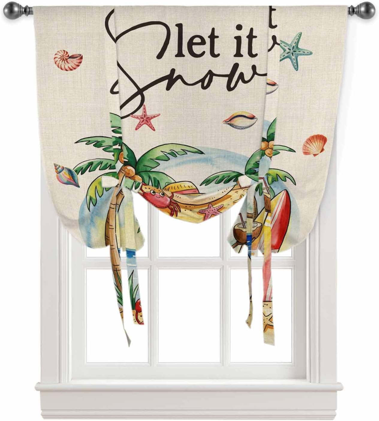 Tie Up Curtains for Windows, Christmas Snowman Kitchen Curtain Adjustable Balloon Window Shades, Winter Coastal Beach Plam Tree on Linen Valance Curtains for Living Room/Bedroom/Cafe 46"x63"
