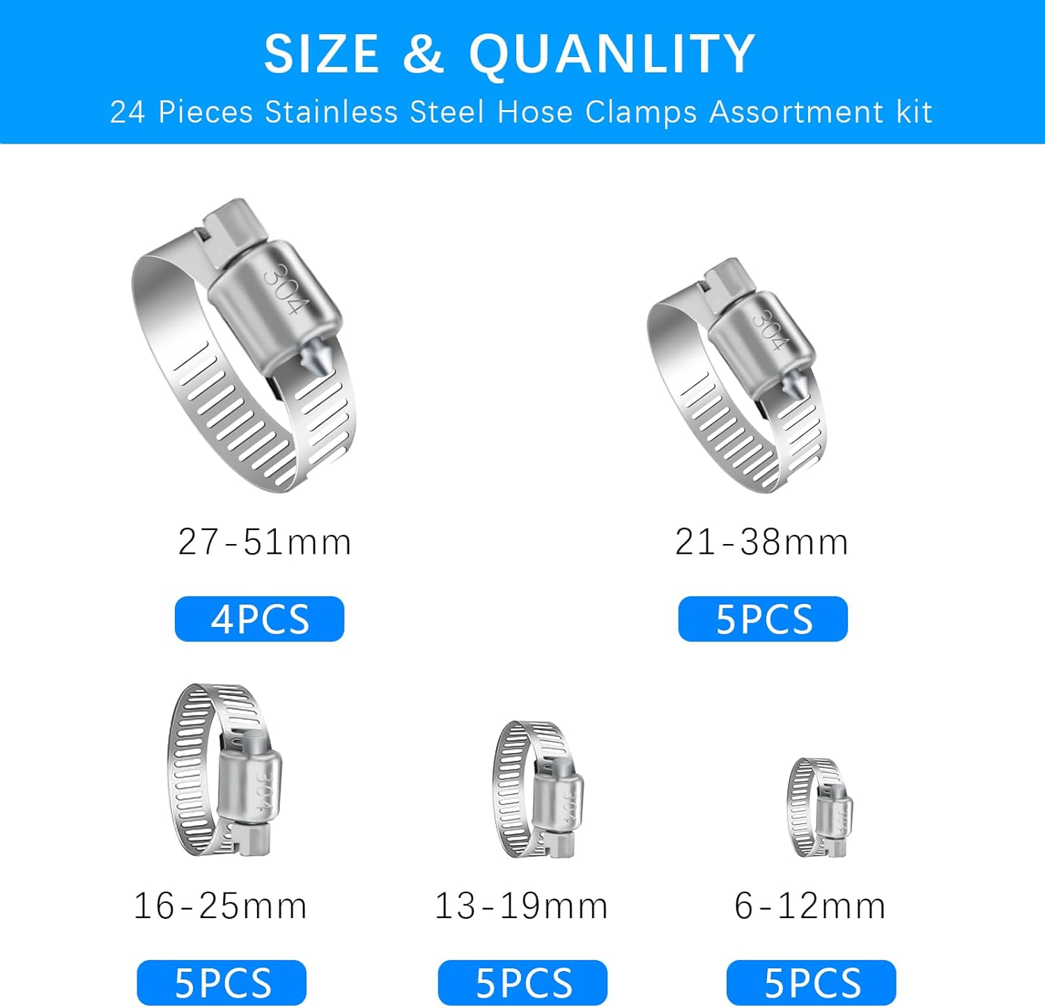 YUCDXVF 24PCS Adjustable Stainless Steel Hose Clamps, 1/4“-2” (6-51mm) Stainless Steel Hose Clamp Assortment Kit Our Hose Clamps Are Used For Home, Garden and Automotive Hose Connections