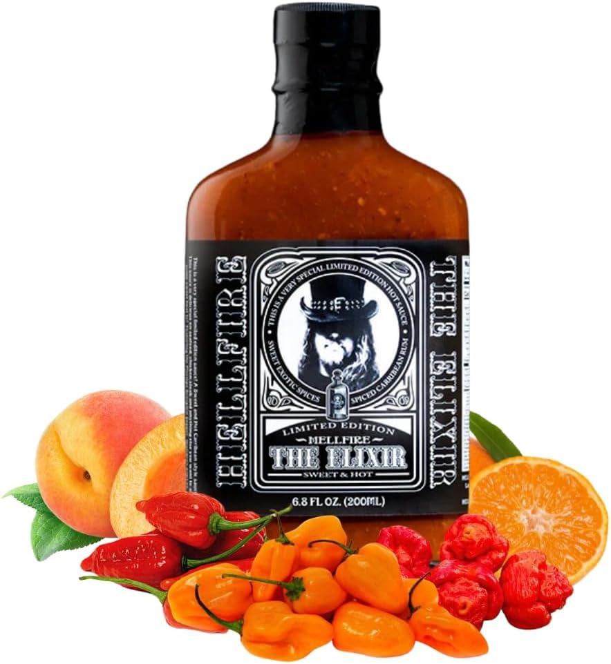 Hellfire The Elixir Hot Sauce, Gourmet, Award-Winning Fruit-Based Sauce, Made with Super Hot Peppers and Caribbean Spiced Rum, 5 oz.