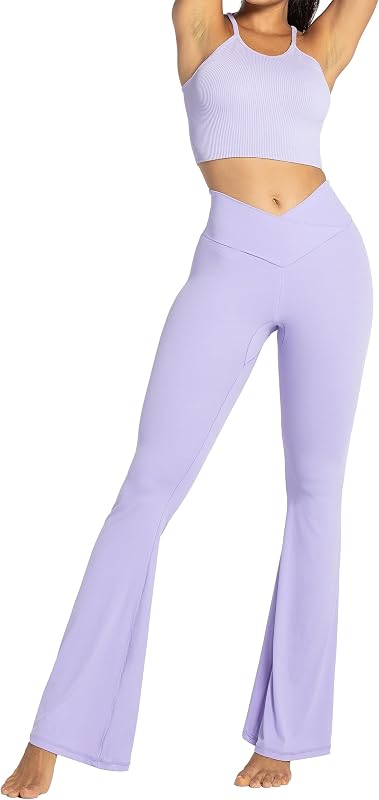 Sunzel Flare Leggings, Crossover Yoga Pants with Tummy Control, High-Waisted and Wide Leg, 30" Inseam, Lavender Medium image 6