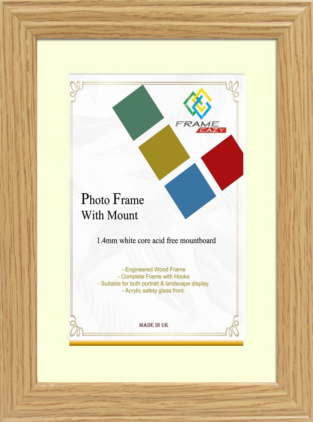 FRAME EAZY Oak 8x8 Photo Frame with 6x6 Ivory Mount - Antique Style Picture Frame With Safe Perspex Front - Frame 8" x 8" For Picture Size 6" x 6"
