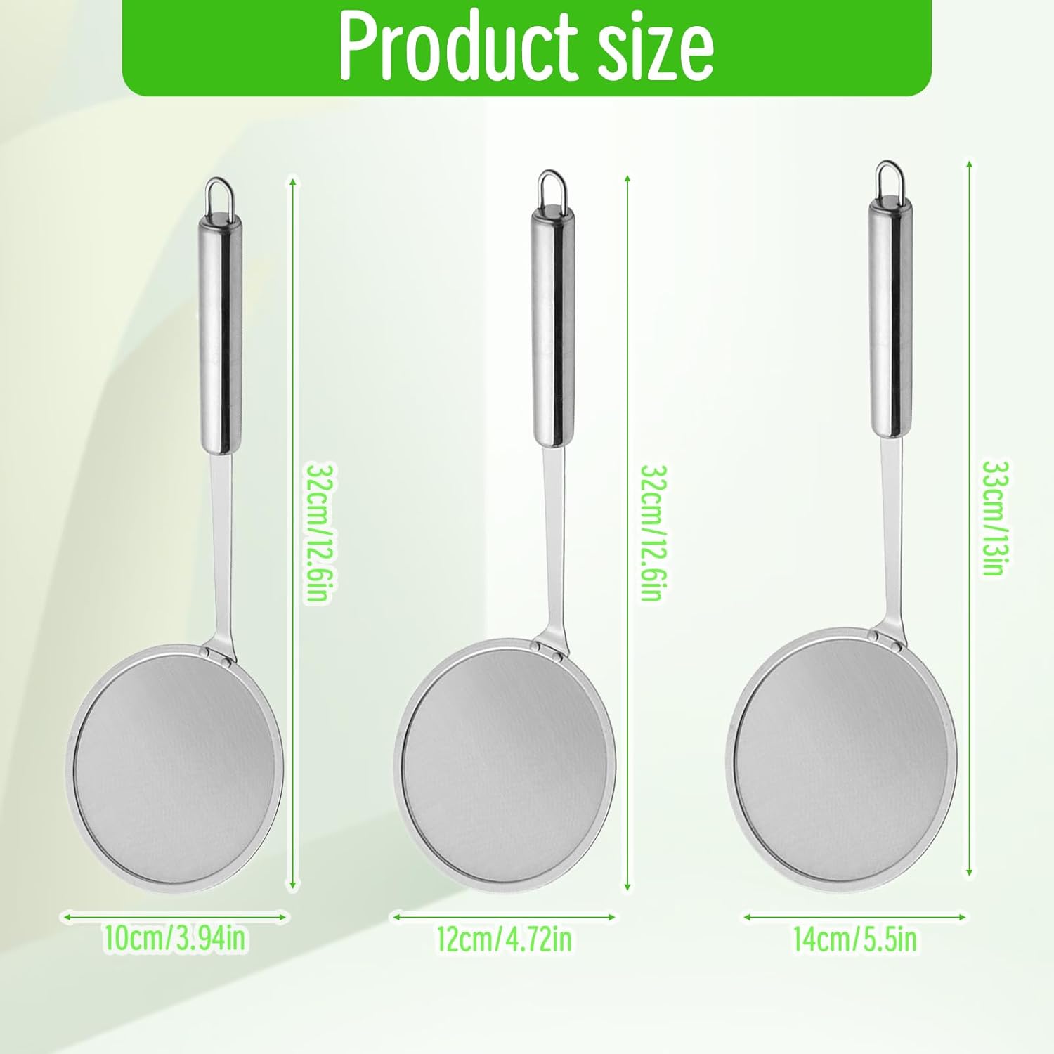 3 PCS Fine Mesh Strainer, 304 Stainless Steel Oil Skimmer Spoon Small Sieve Fine Mesh Tea Strainer Fryer Skimmer for Kitchen Tool（10cm,12cm,14cm