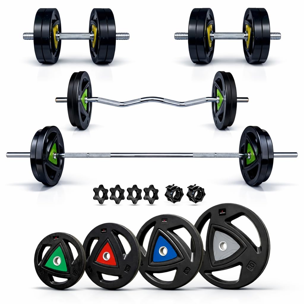 Leeway Metal Integrated Rubber Coated Weight Plate 30 Kg Home Gym Set with 3Ft Curl (28mm), 5Ft Straight (28mm), Dumbbell Rods, Weight Plates Combo, Gym Equipment (30kg Set (2.5X4+5X4) Home Gym Combo)
