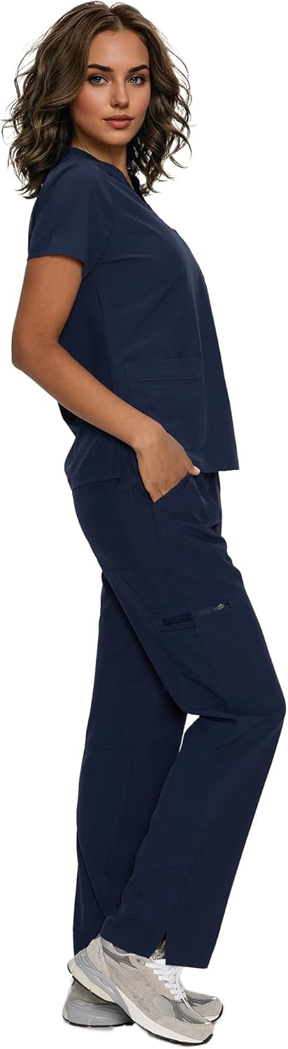 Scrubs for Women, V-Neck Scrubs Top & Cargo Pants with 12 Pockets, Yoga Waistband, 4 Way Stretch - Image 2
