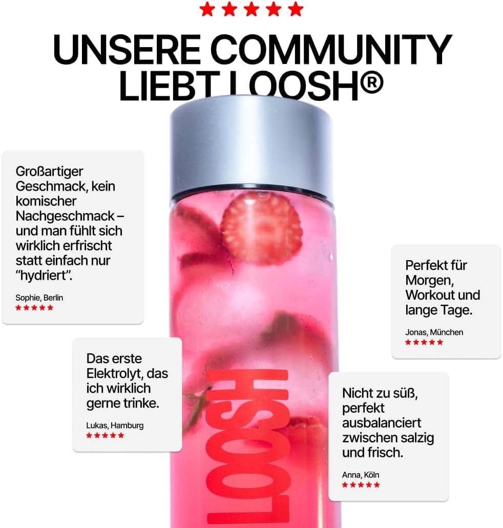 LOOSH Starter Set Hydration Deluxe | 2x30 Core Hydration Elektrolyte Sticks (Erdbeer Minze & Gurke Zitrone) + 900ml Tritan™ Trinkflasche | Elektrolyte ohne Zucker mit Kalium, Magnesium & Vitamin C