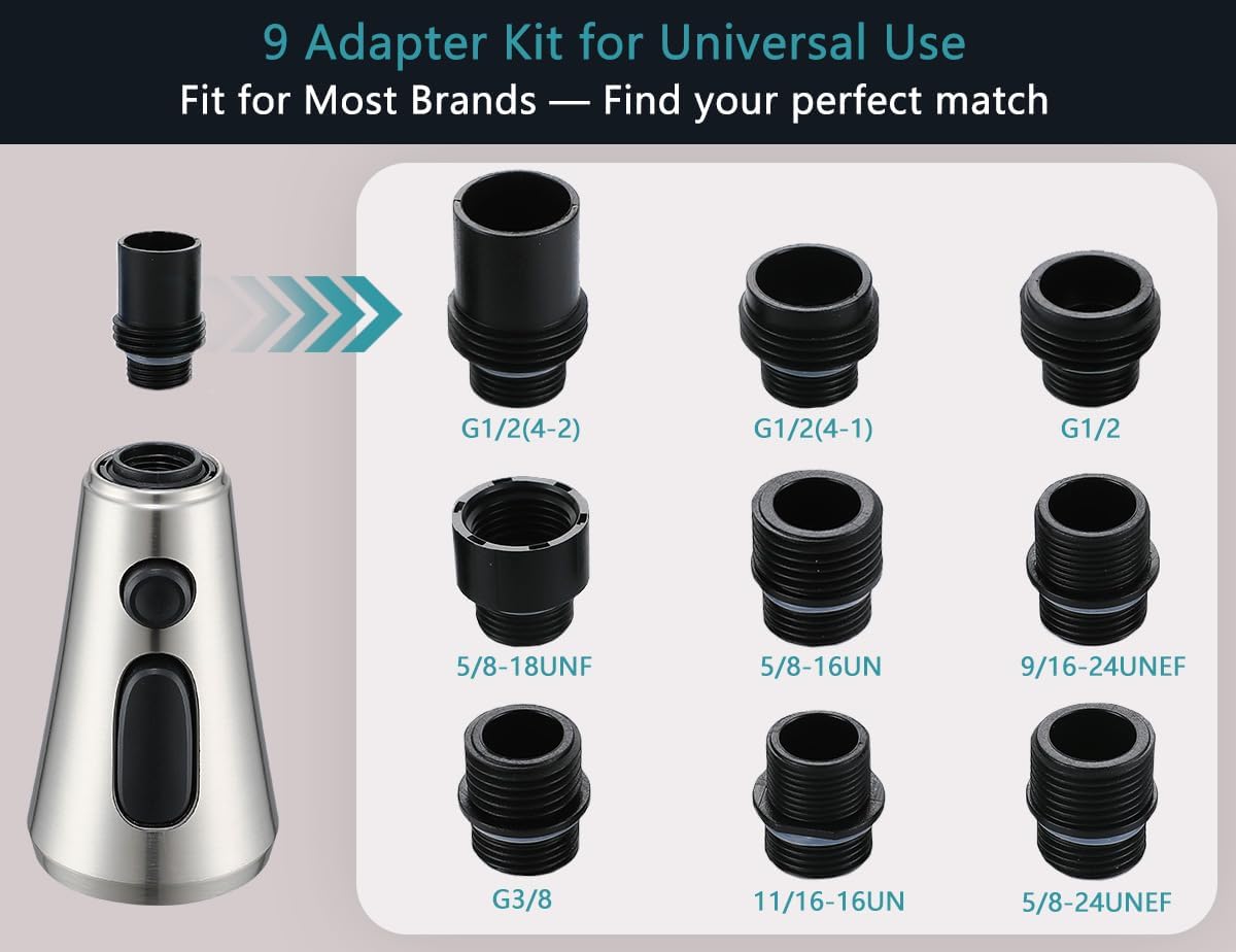 Kitchen Faucet Head Replacement, Pull Down Spray Nozzle with 9 Adapters, 3 Function Sprayer for Kitchen Sink, Brushed Nickel, Fit for Most Faucets