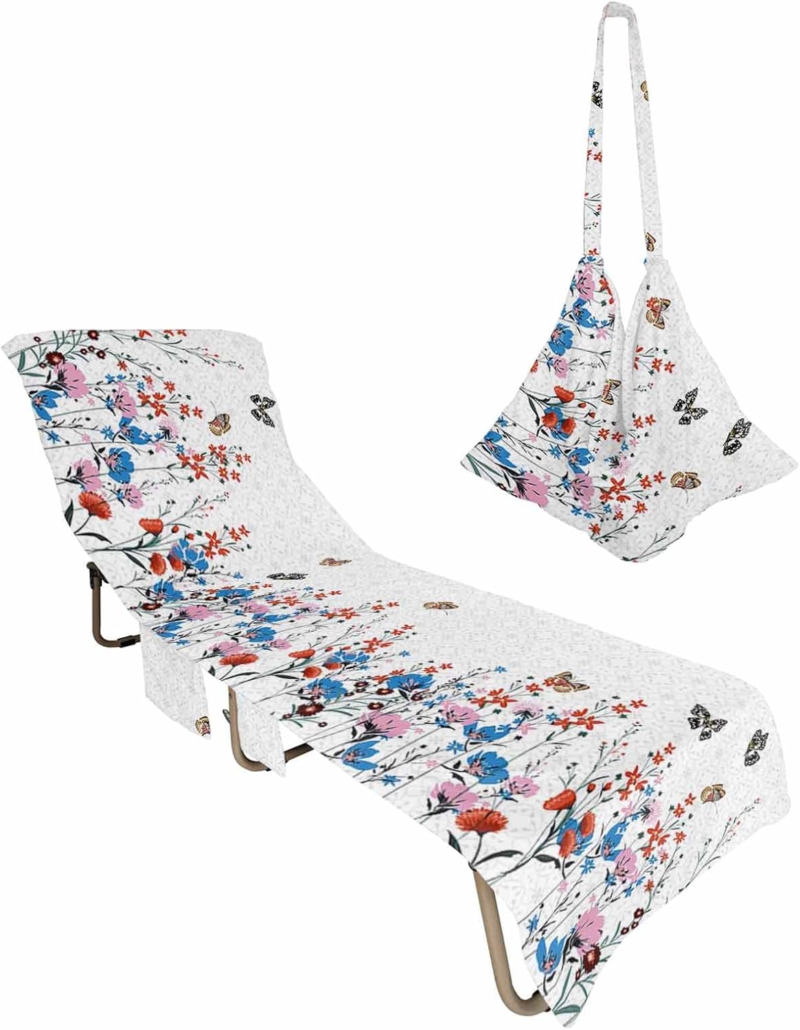 Spring Florals Beach Pool Patio Lounge Chaise Chair Cover Towel With Pockets,Absorbent & Quick Dry Microfiber Towel Cover Bag Summer Accessories for Sunbathing Luxury European Butter-fly Retro Flower