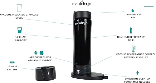 Miniatura 3 de Cauldryn Taza de café de viaje con control de temperatura de café y calentador de escritorio, teléfono inteligente a través de control Bluetooth,