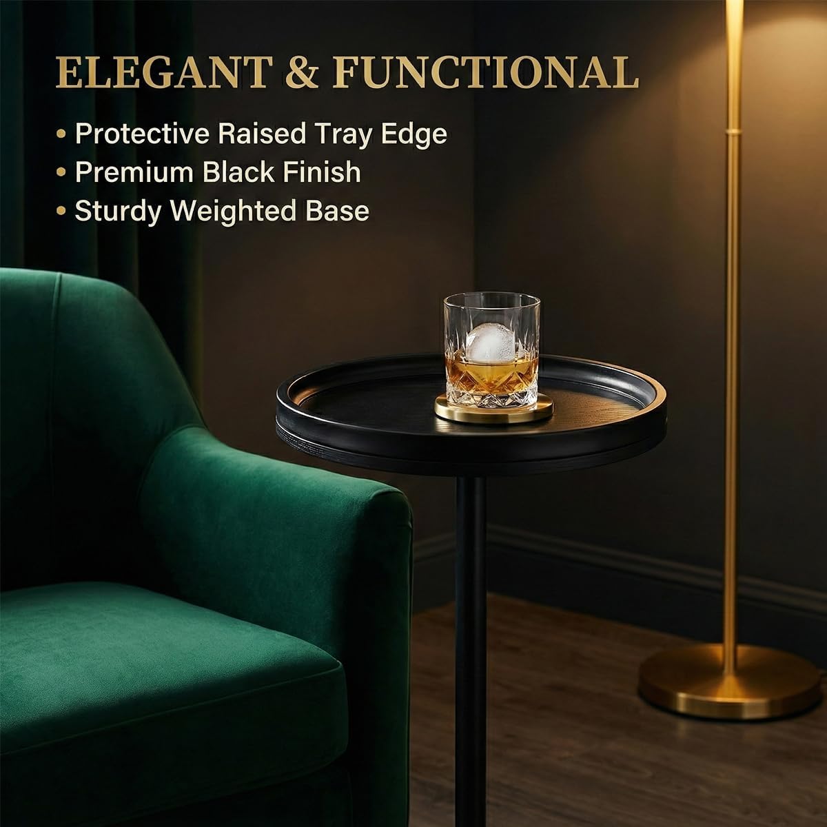 Black Industrial Martini Table,Round Drink Table,Modern Pedestal Side Table with Black Wood Grain Tray Top, Weighted Metal Base End Table for Living Room,Small Spaces,Next to Sofa, 24.7" Tall