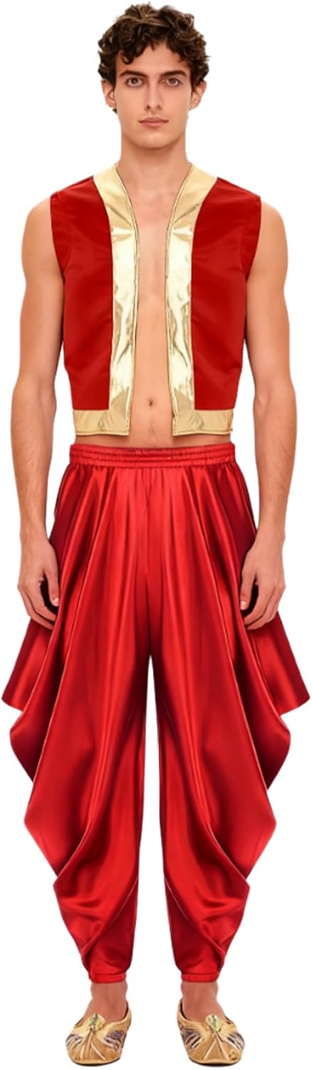 Mens Sultan Costume Set Open Front Vest Loose Harem Pants | Lightweight 2 Piece Outfit with Decorative Trim for Halloween, Stage Shows, Cosplay, Theme Parties and Festival Events