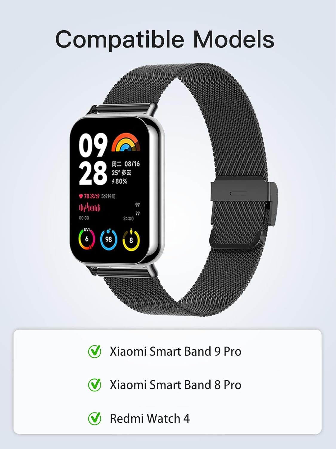 For Xiaomi Smart Band 9 Pro/Xiaomi Smart Band 8 Pro/Redmi Watch 4 Metal Replacement Bands, Stainless Steel Bracelet Replacement Mesh Metal Wristband Strap,Adjustable wristband