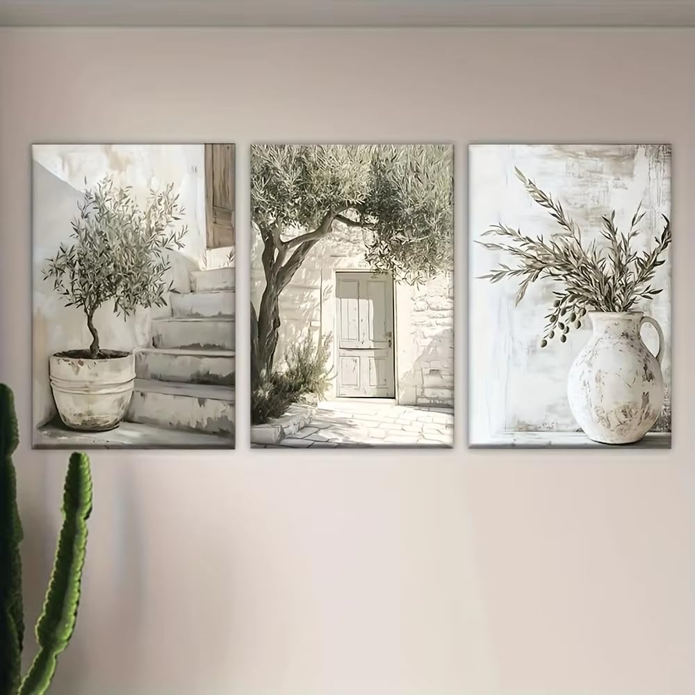 XIANGPEIFBH Canvas Poster, Retro Art Olive Tree, Mediterranean Landscape Wall Art Prints,Bedroom Kitchen Corridor Wall Decor((60x80cm/24x31in) x3/Unframed)