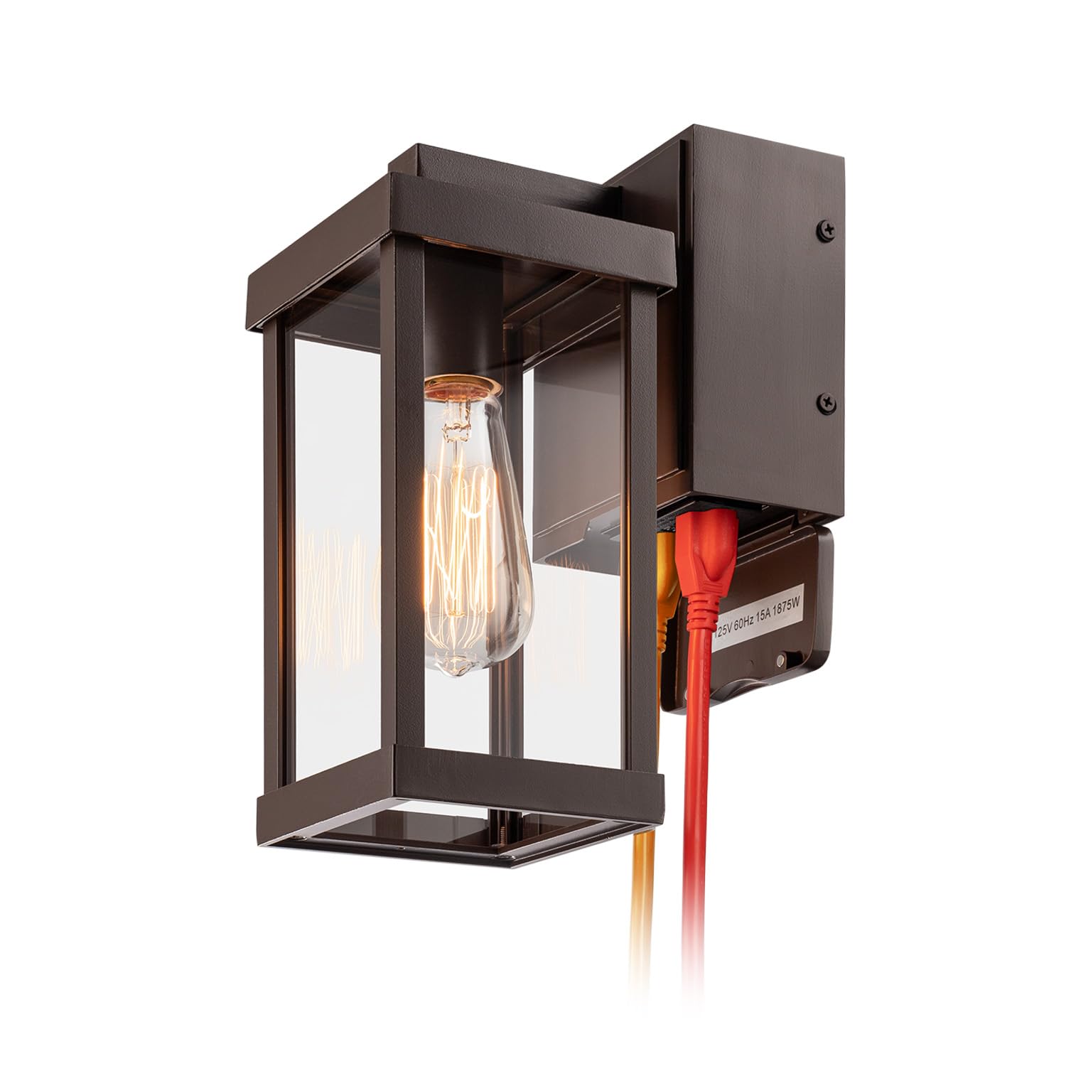 mirrea 11" Classic Outdoor Wall Sconce with Built-in GFCI Outlet 1 Light in Rectangular Metal Frame and Clear Glass Shade Waterproof Porch Light Patio