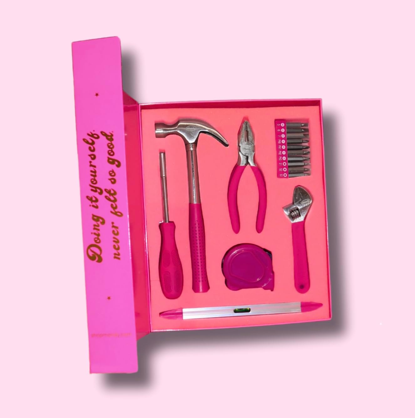 Hot Girls Love Tools Pink Toolkit Tool Set, 7-Piece DIY Home Repair Kit with Designer Storage Book Box, Hammer, Pliers, Wrench, Screwdriver
