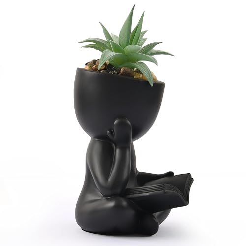 Reading Person Succulent Planter, Faux Succulent Desk Decor, Bookworm Gift