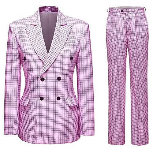 Fuschia Mens Suits 2 Piece Plaid Suit Set Double Breasted Blazer For Men Prom Casual Tuxedo Suits For Men Large #TOP3
