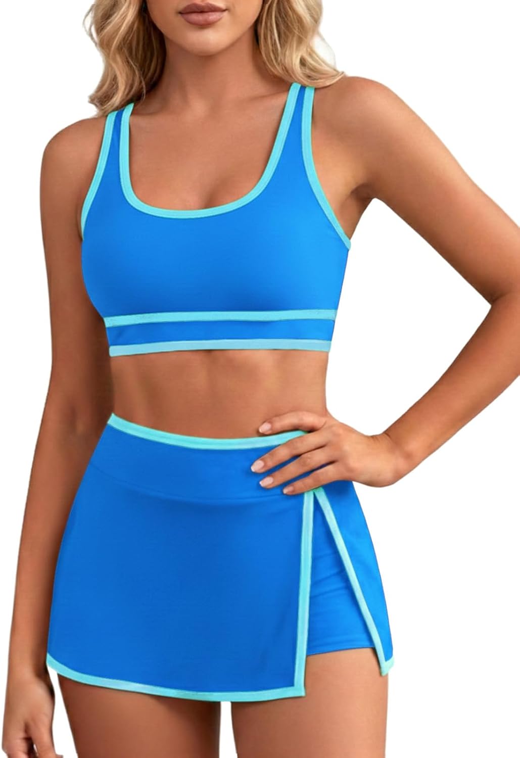 VIMPUNEC Womens Neon Color Block Bikini Sets Tummy Control Swimsuits Two piece High Wasited Swim Skirt