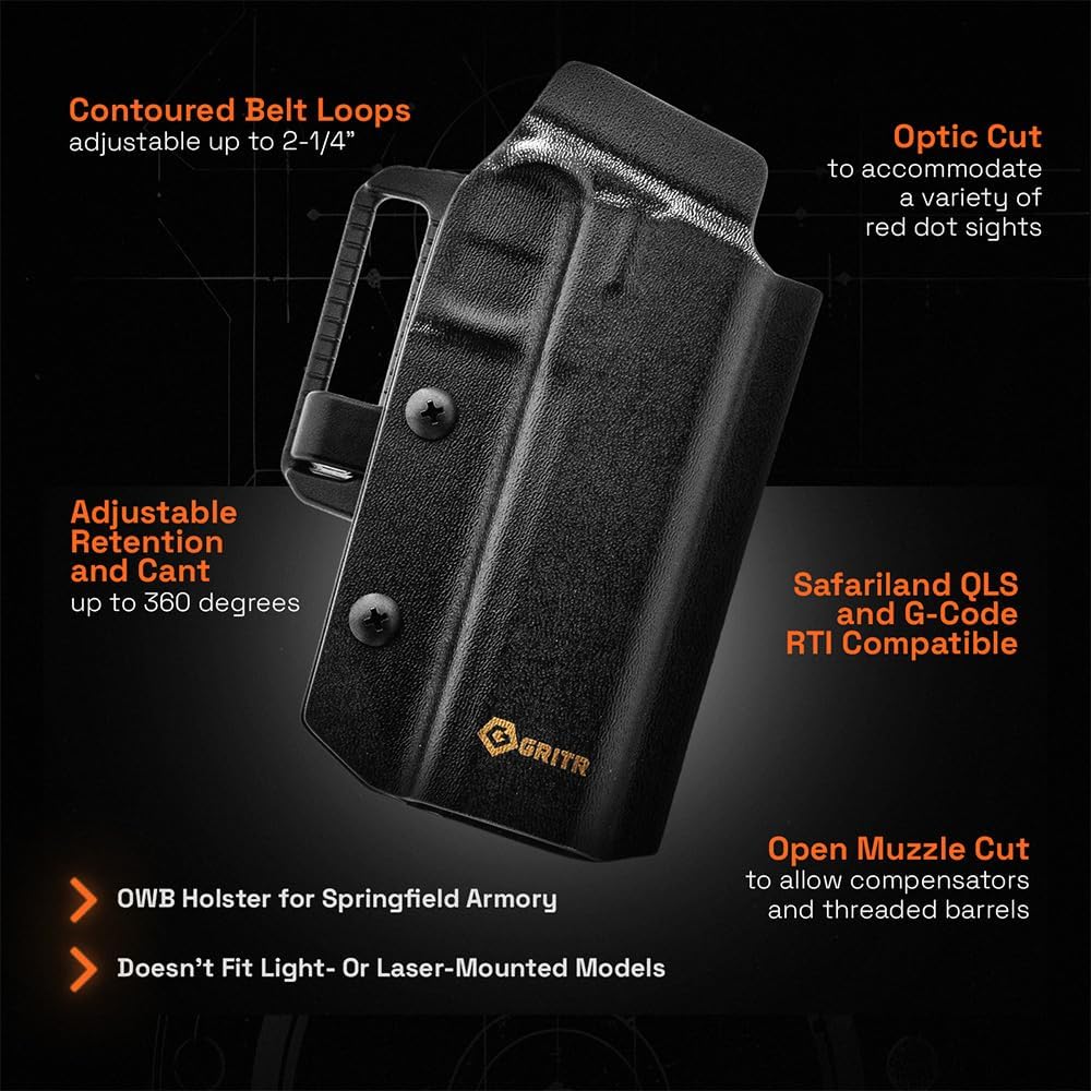 GRITR OWB Kydex Pistol Holster for Springfield Armory Prodigy | Gun Accessory w/Optic Cut, Adjustable Retention & Cant, Compatible with Safariland QLS/G-Code RTI Attachments - Right/Left Hand Options