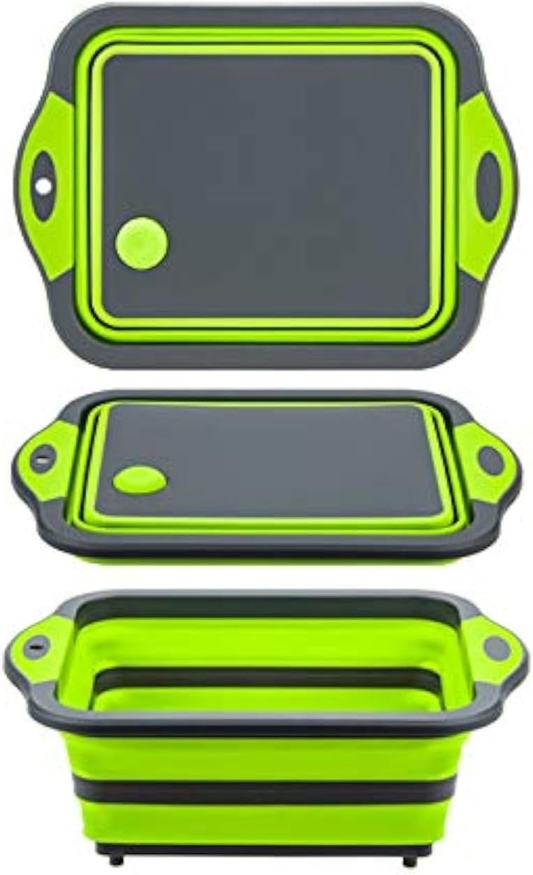 Collapsible Cutting Board with Colander, Foldable Multi-function Kitchen Plastic Silicone Dish Tub, Fruits Vegetables Wash and Drain Sink Storage Basket (Green)