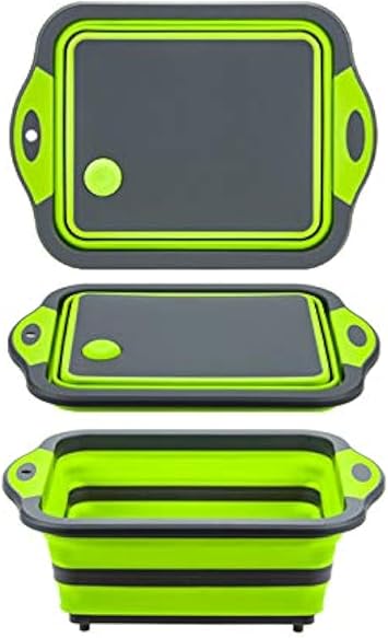Collapsible Cutting Board with Colander, Foldable Multi-function Kitchen Plastic Silicone Dish Tub, Fruits Vegetables Wash and Drain Sink Storage Basket Green