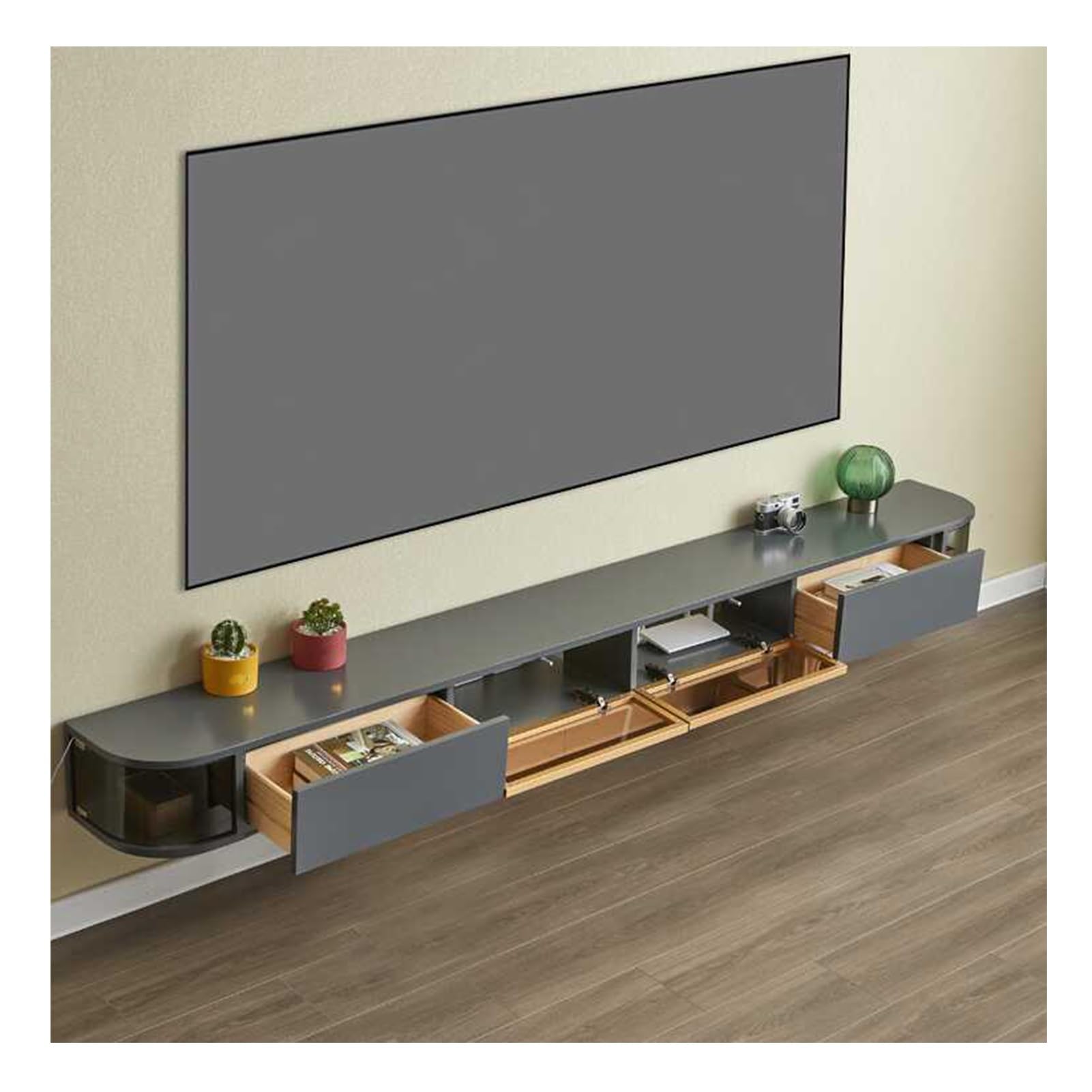 Mobile TV sospeso da parete, console multimediale minimalista con ampio spazio per soggiorno e camera da letto, elegante design grigio, soluzione salvaspazio da 200 cm