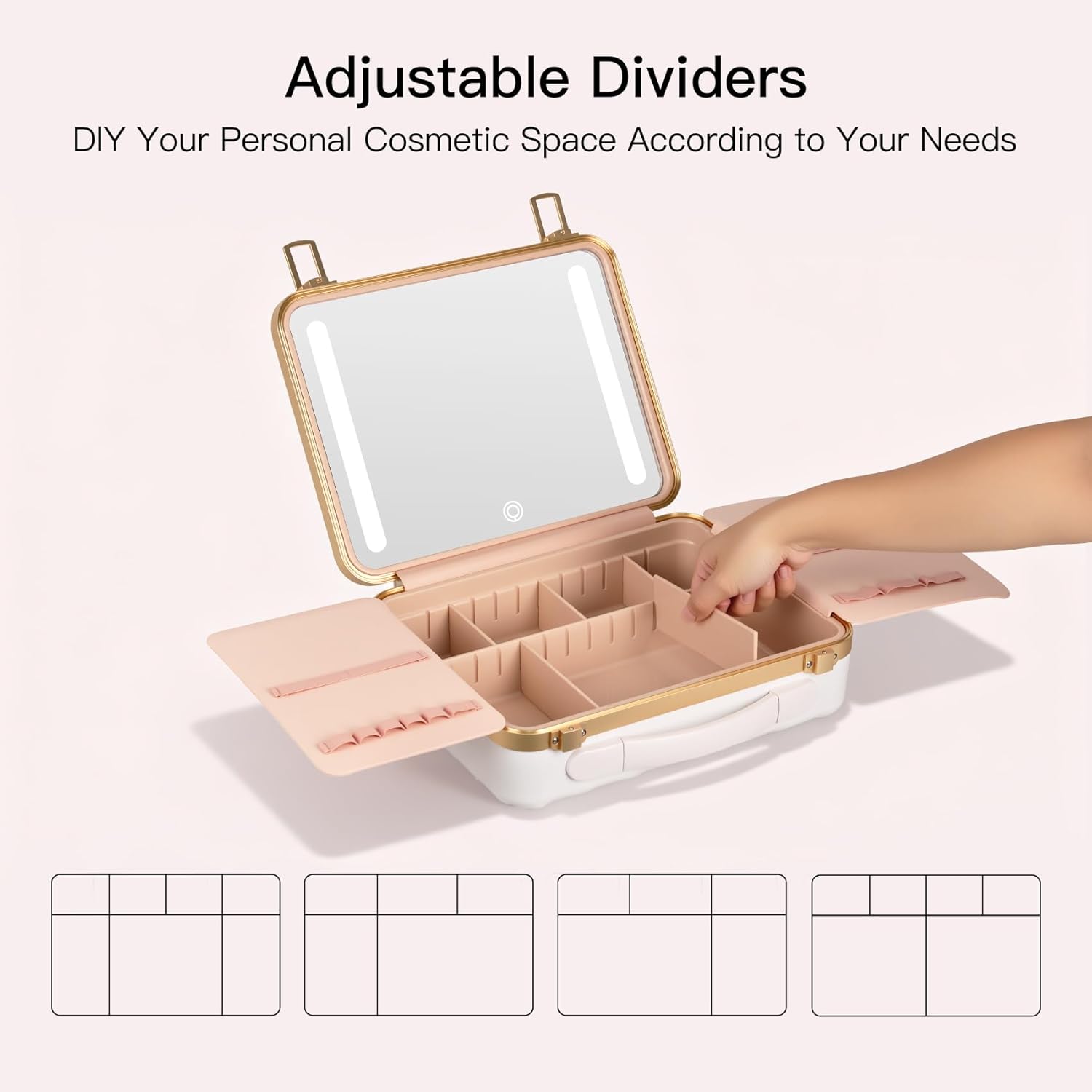 BEAUTY CASE DX 12 Makeup Bag with LED Mirror showing adjustable dividers.