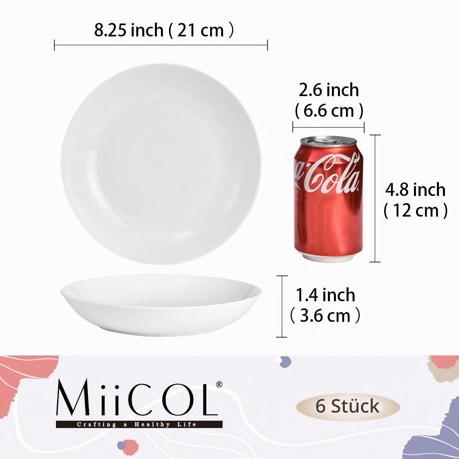 Miicol Pastateller 6 Teilig, Suppenteller Weiße 800ml, Salatteller Porzellan 21cm, Suppenschüssel Keramik, Modern Salatschüsselset, Servierteller, Tiefe Teller für Spaghetti, Pasta, Suppen, Salat