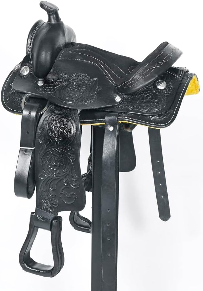 Black Western Kids Youth Children Miniature Pony Saddle Leather Trail Tack | Hand Tooled Saddle | Western Saddle | Saddle for Horses | Horse Tack Set