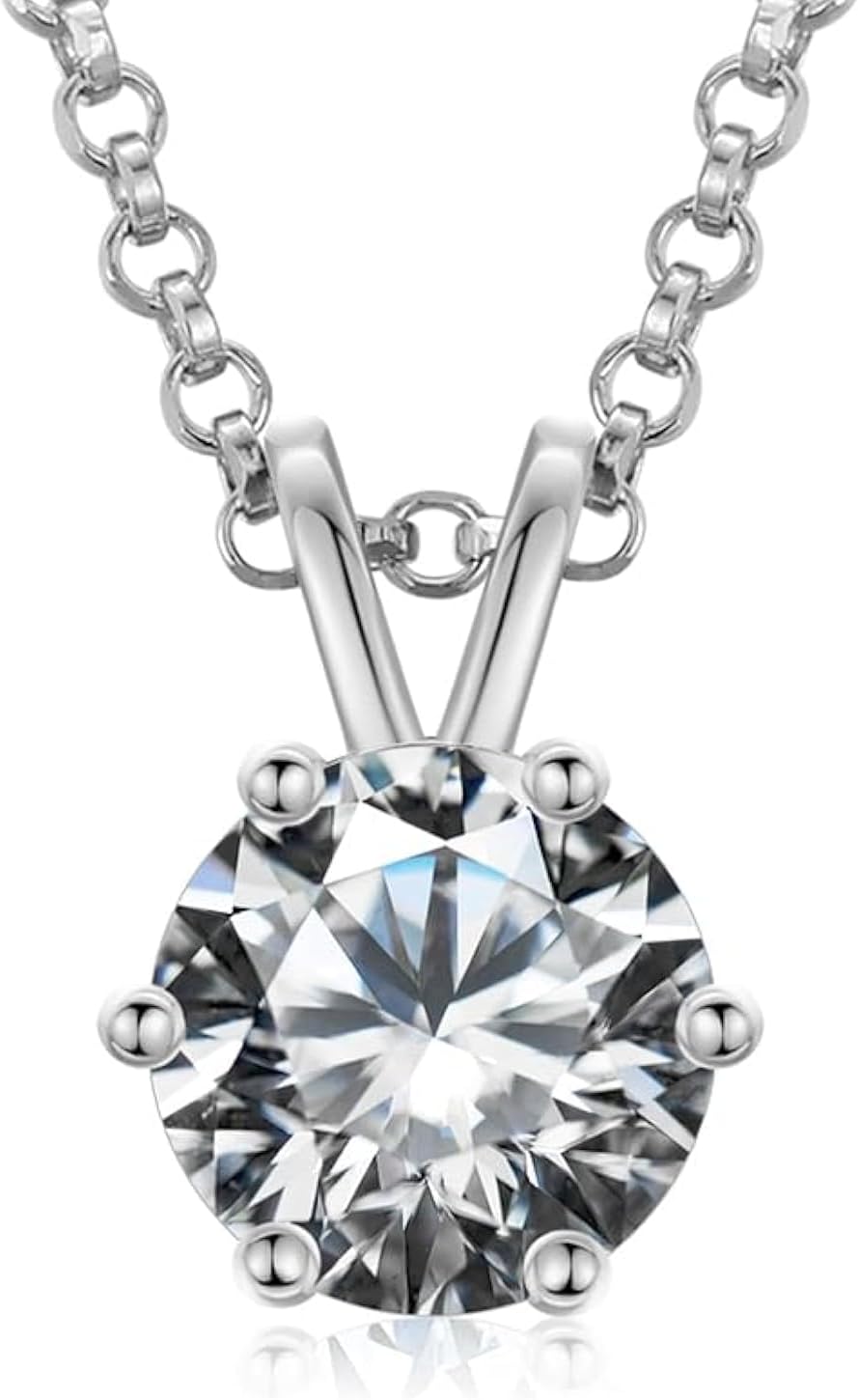 EcoGems Lab Grown Moissanite Pendant Necklace for Women, Round Cut 0.50–1.00 CTW, 16/18 Inch Adjustable Chain