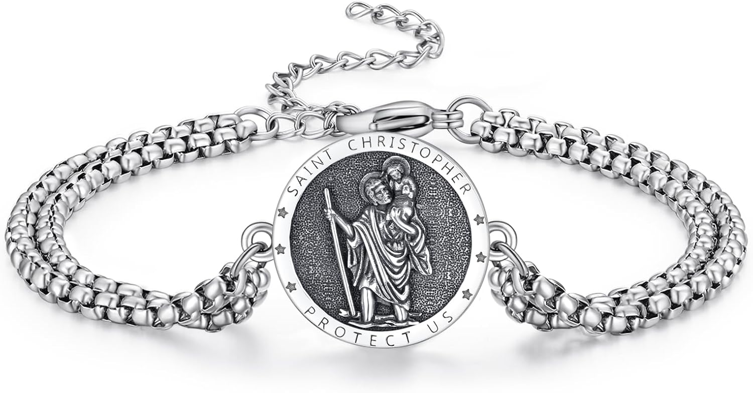 ADMETUS St Christopher Bracelet Sterling Silver Saint Christopher Bracelet for Men St Christopher Medal Saint Christopher Medal Jewelry Religious Gifts