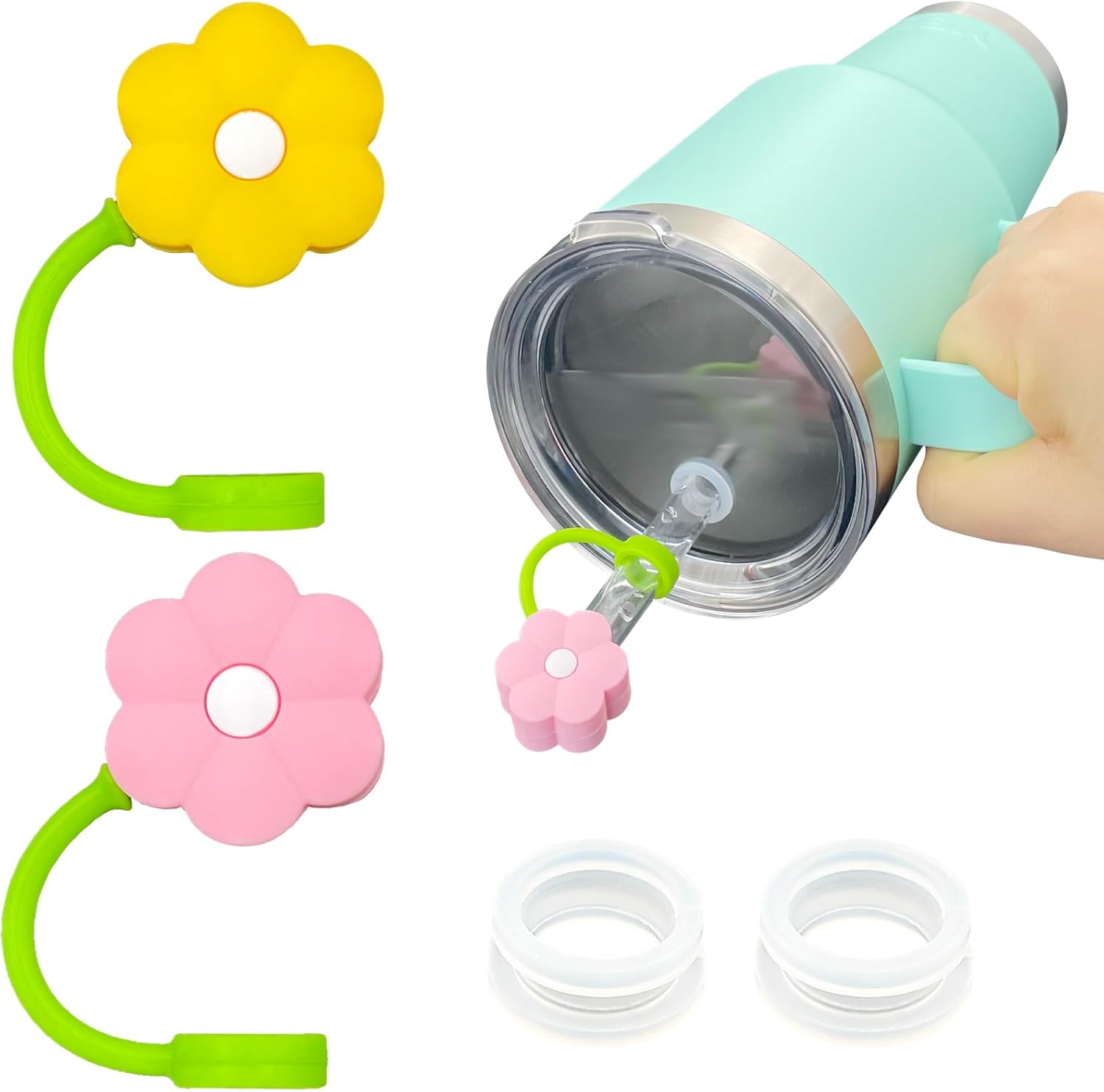 Flower Straw Cover Cap and Silicone Spill Stopper Compatible with Yeti Tumbler, Cup Accessories Including 2 Straw Cover Topper Cap, 2 Leak Proof Stopper