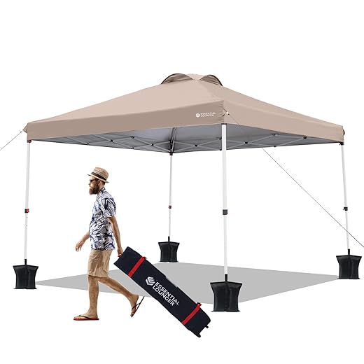 ESSENTIAL LOUNGER 10x10 Pop-up Canopy, Easy Up Outdoor Canopy Tent for Patio with Sand Bags, 4 Canopy Sand Bags, Stake and Ropes Tent for Parties (Brown)