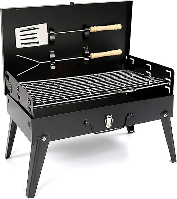 PBUK Black Iron Charcoal BBQ Grill with Accessories Portable Folding Outdoor Barbecue Adjustable Height Garden Decking Camping Beach Patio Entertaining