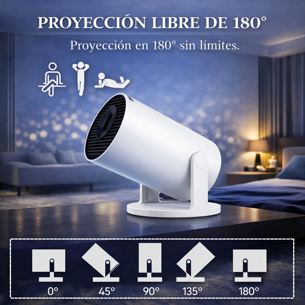 Mini Proyector Portátil 2026 .Android 14, WiFi 6 Bluetooth, Soporta 4K y 1080P, 180° Rotación, Auto Keystone, Cine en Casa, Proyector Compacto Inteligente