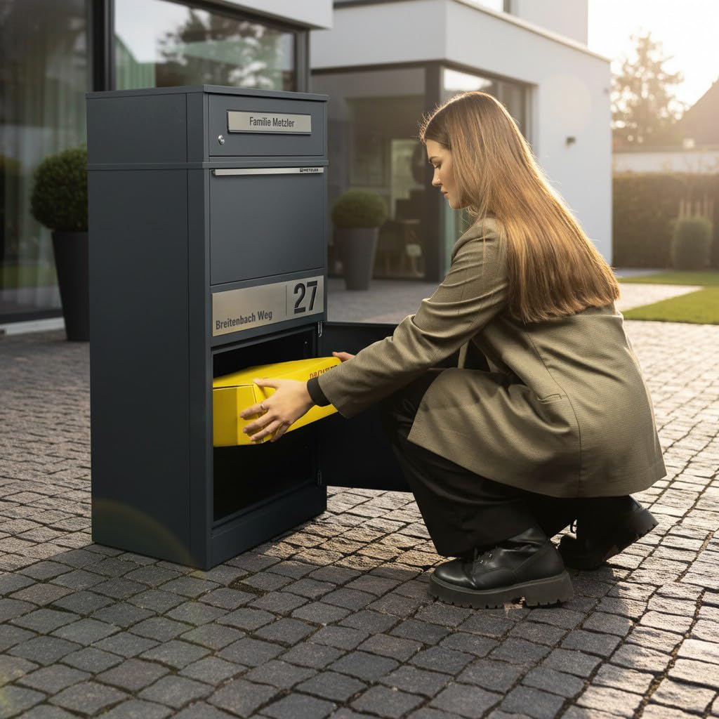 Metzler® boîte à Colis verrouillable avec Plaque Nominative et Grand Compartiment – Anthracite RAL 7016 – Acier thermolaqué, Gravure Laser Durable, réception sans Contact, 10 Ans pièces Bispo 2