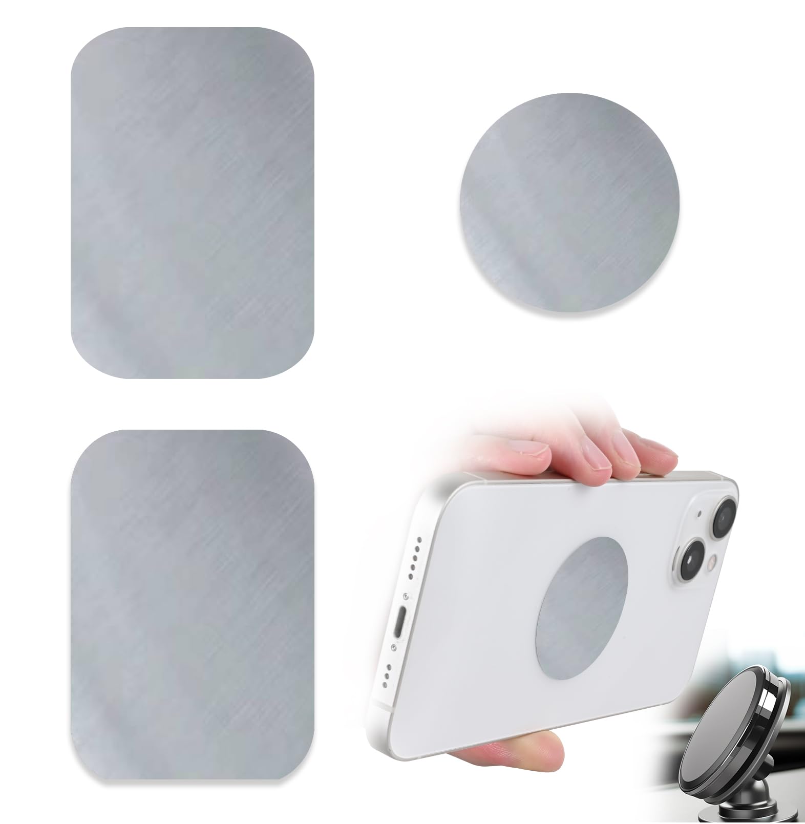 Phone Magnets - Universal Metal Plates, 2 Rectangular and 2 Round with Adhesive, Car Magnets (Silver)