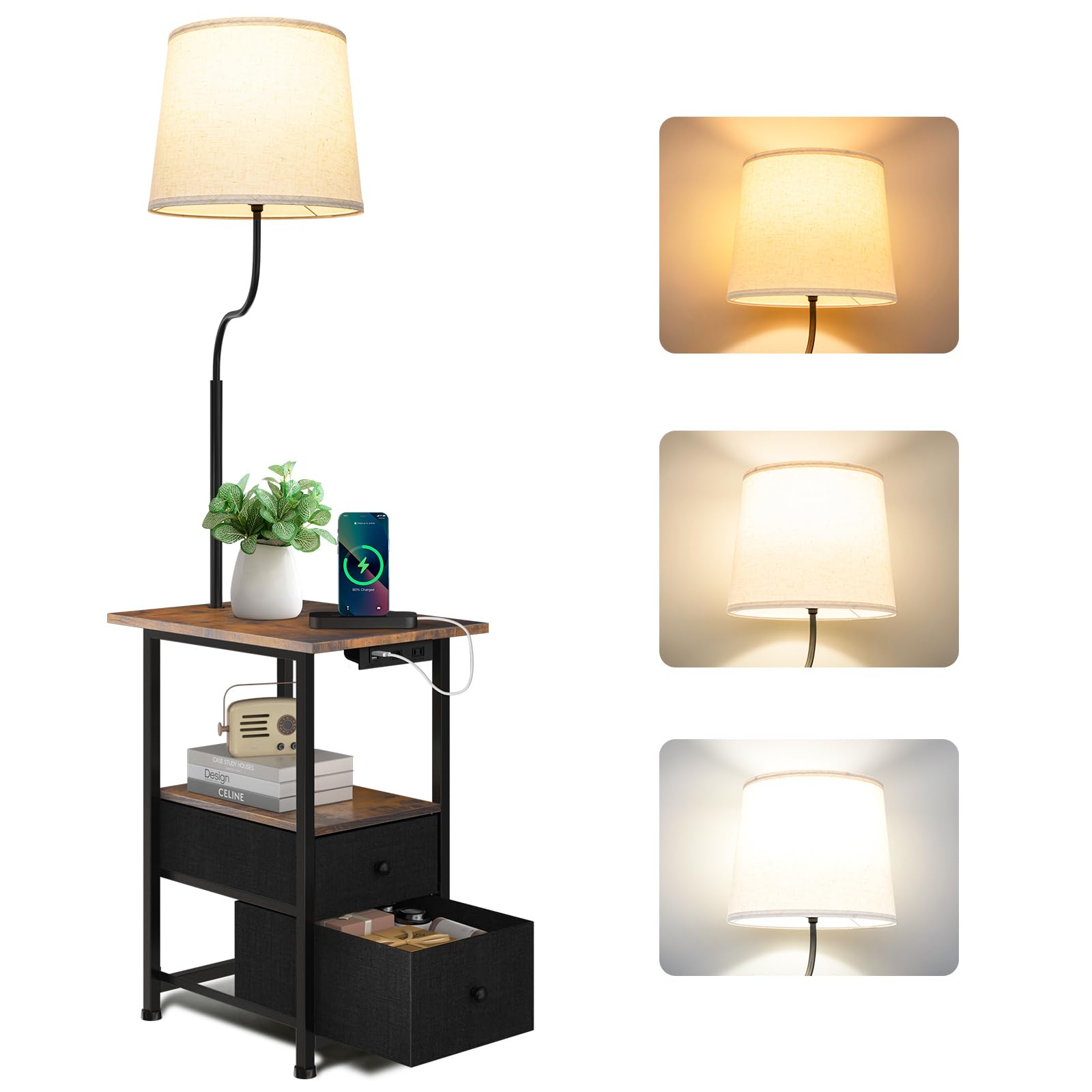 addlon Floor Lamp with Side Table, Nightstand with Charging Station, 3 Color Temperatures 9W LED Bulb, Floor Lamps for Living Room, Bedroom, Storage End Tables Living Room - Vintage