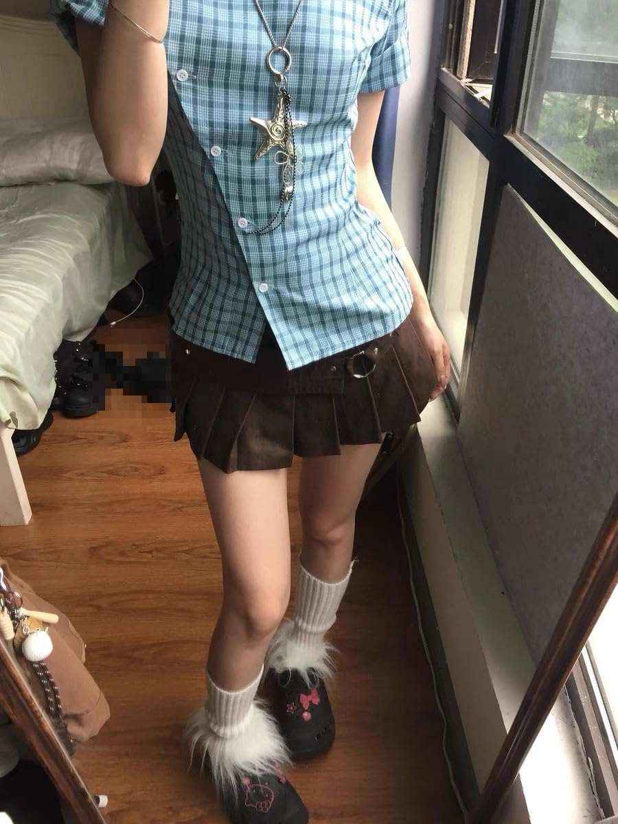 Vintage Plaid Casual Shirt Women Short Sleeve Y2k Harajuku Tops 2000s Shirt Irregular Retro Slim Fit Blouses