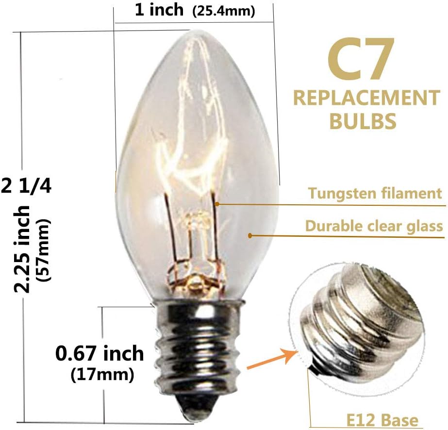 Product Deal Couah 25 Pack C7 Clear Bulbs Christmas Light Bulbs C7 Outdoor String Light Replacement Bulbs, C7/E12 Candelabra Base, 5 Watt-Clear Super Big Clearance! Couah 25 Pack C7 Clear Bulbs Christmas Light Bulbs C7 Outdoor String Light Replacement Bulbs, C7/E12 Candelabra Base, 5 Watt-Clear